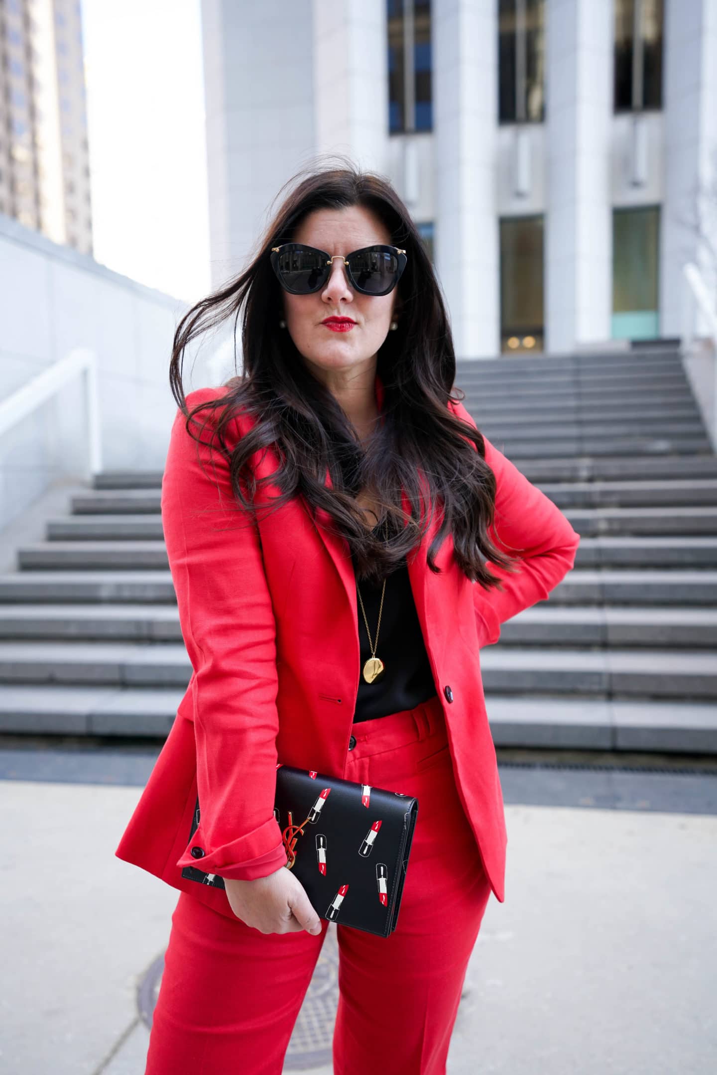 Red power suit, red linen suit, Chicago Blogger, A Lily Love Affair, Office style