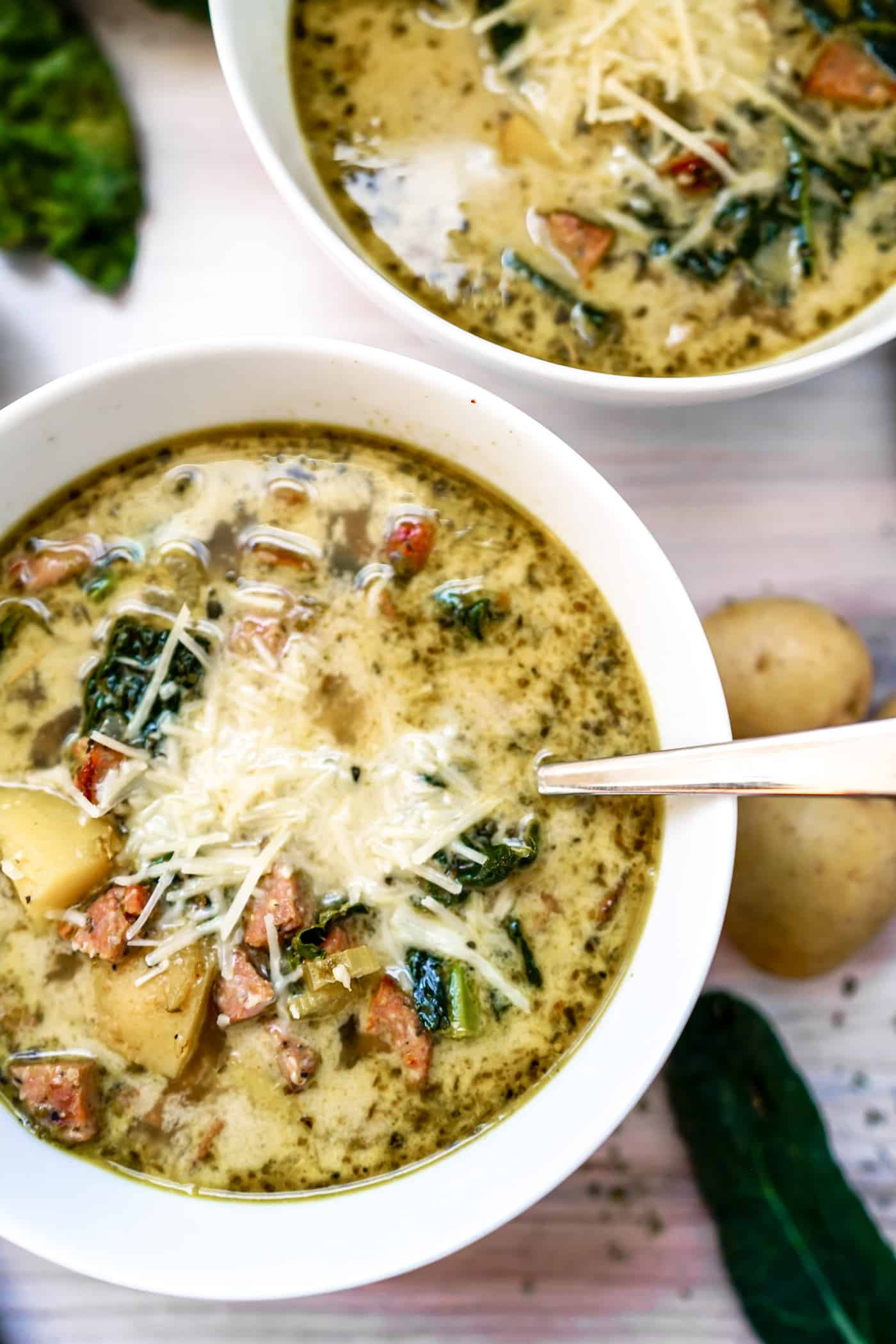 A Lily Love Affair shares an easy recipe for Instant Pot Zuppa Toscana soup with kale and parmesan cheese