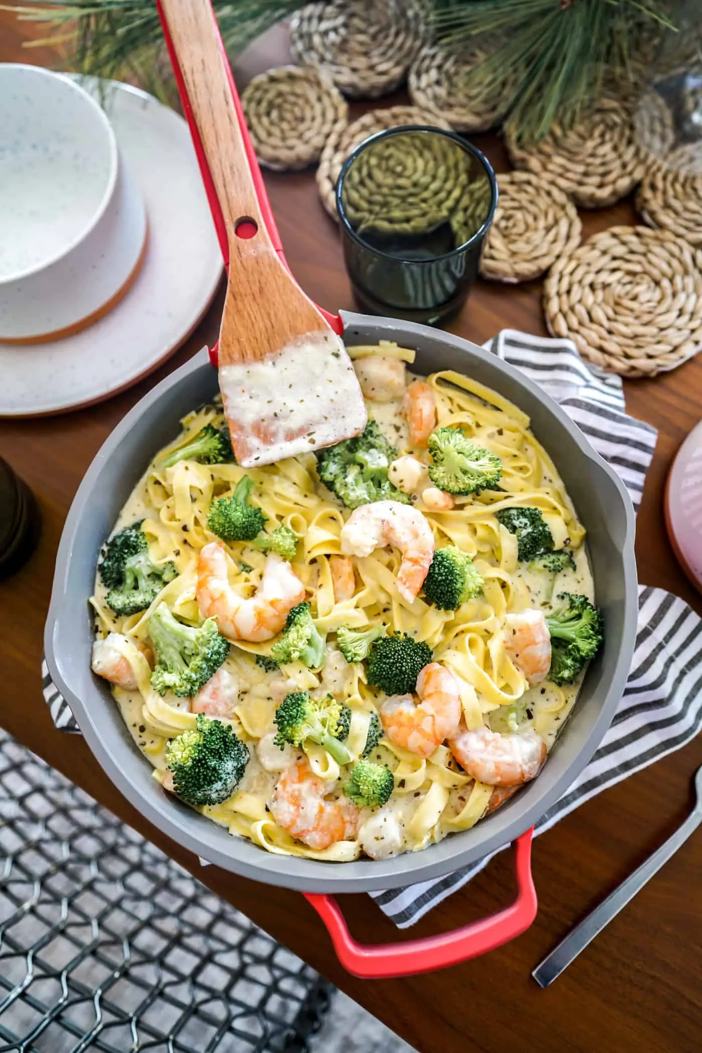 Basil Pesto Alfredo With Shrimp & Broccoli in an Our Place Always Pan 