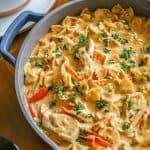 Our Place Always Pan filled with creamy chicken fajita pasta recipe