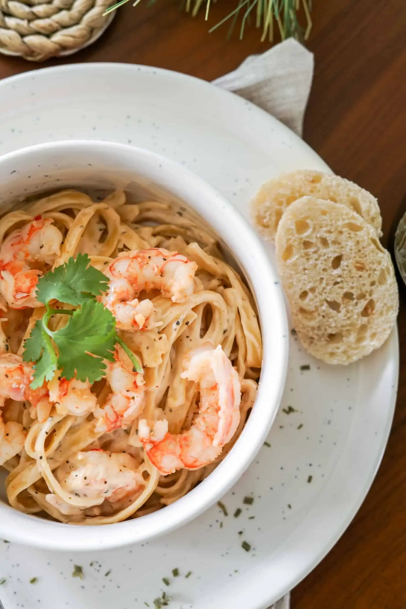 A bowl filled with creamy shrimp pasta in the Instant Pot