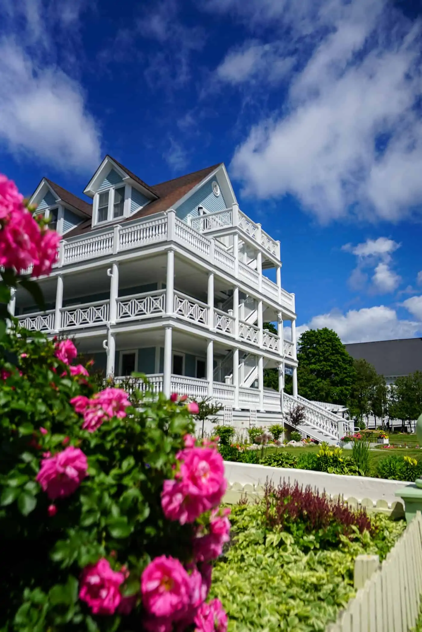 A large home on Mackinac Island Michigan with three large staircases. 